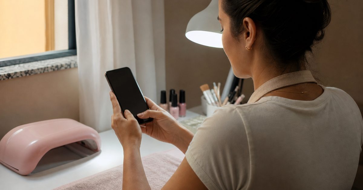 Nail designer na mesa de atendimento olhando a agenda no celular entre uma cliente e outra