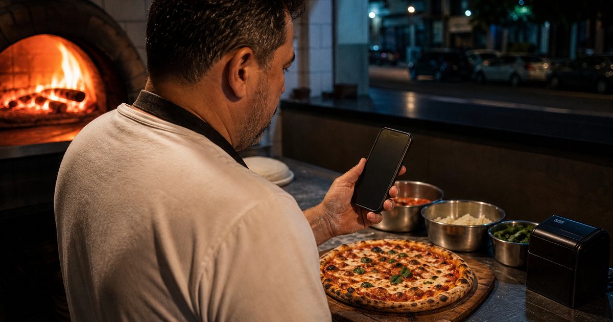 Pizzaiolo de avental na bancada da pizzaria olhando um pedido no celular ao lado do forno — cardápio digital para pizzaria