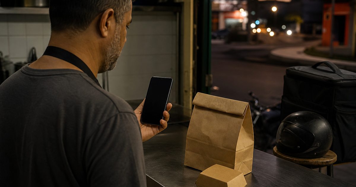 Dono de lanchonete no balcão conferindo um pedido no celular, com a sacola de entrega ao lado — delivery próprio sem comissão